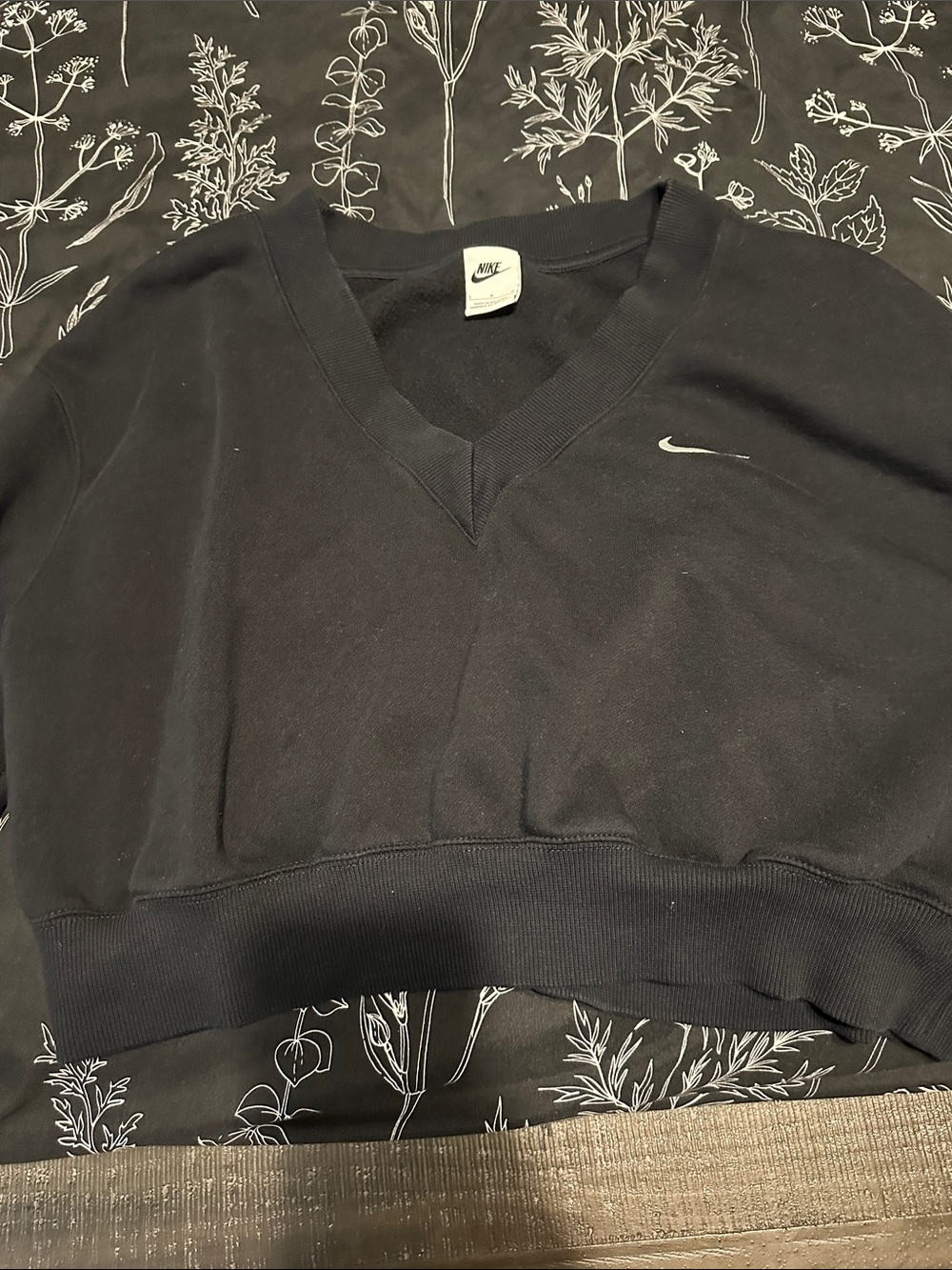 Nike Black Cropped V-Neck Sweatshirt with White Swoosh